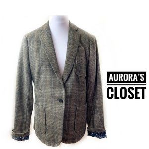 Maison Scotch XL Plaid Wool Blazer Leather Elbow Patches